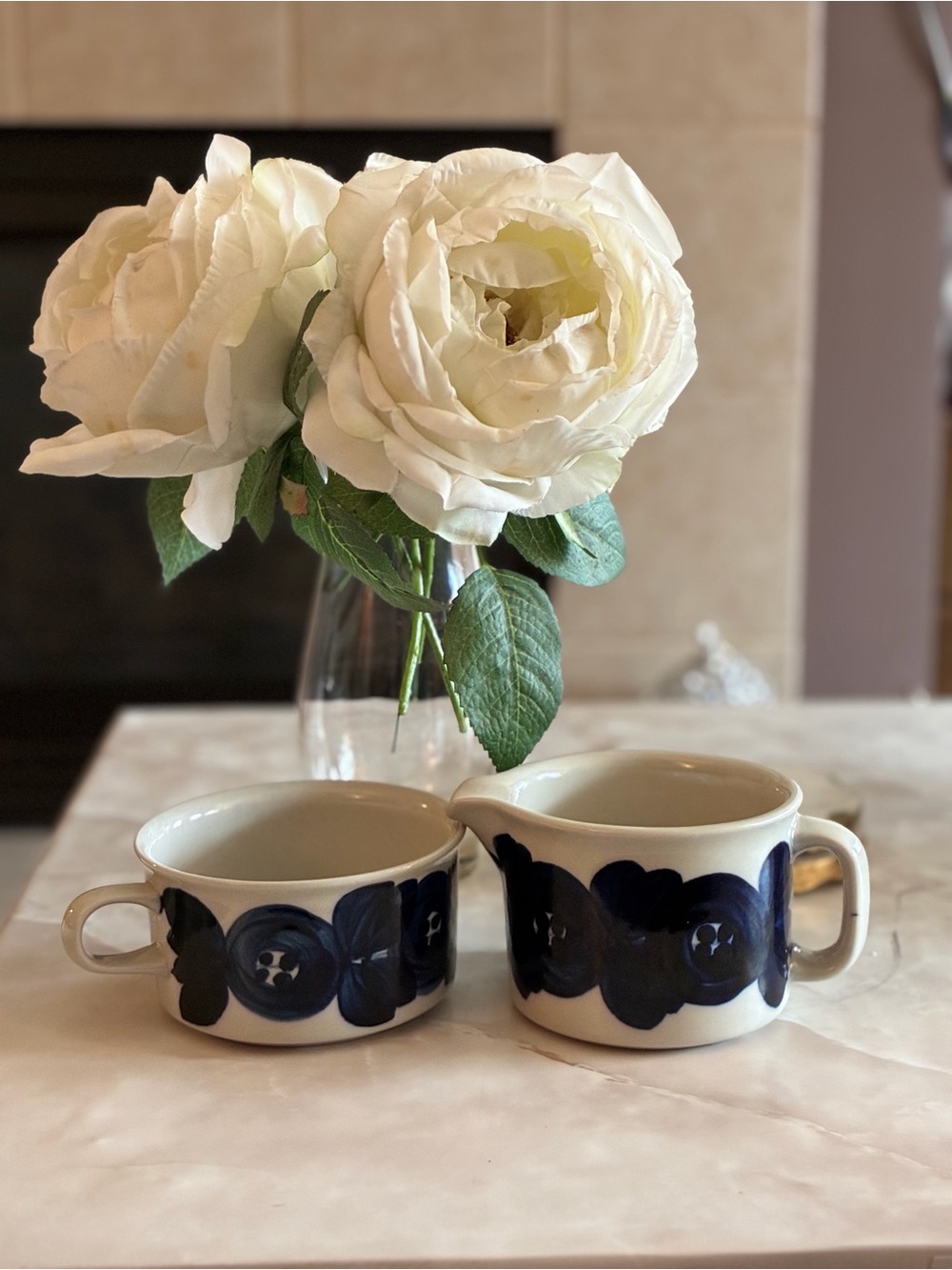 Cream Ceramic Creamer and Sugar Set with Navy Floral Pattern